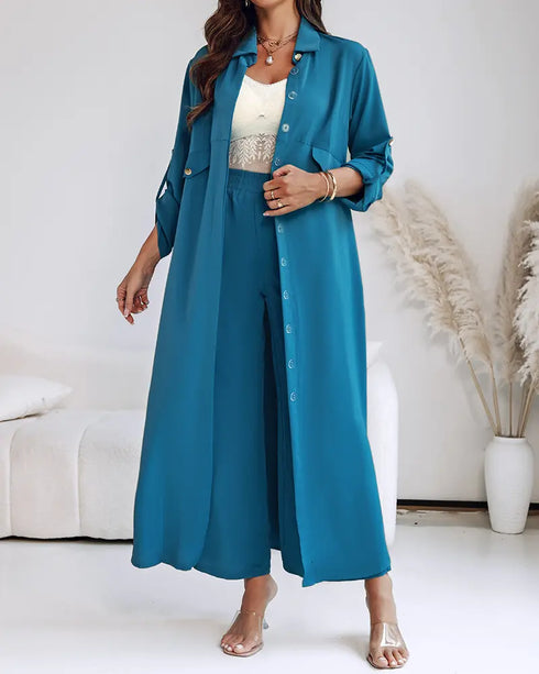 2 Pieces Outfit Turn-down Collar Turn-Up Sleeves Button Front Asymmetrical Hem Longline Blouse and Casual Elastic Waist Wide Leg Pants Set turquoise blue