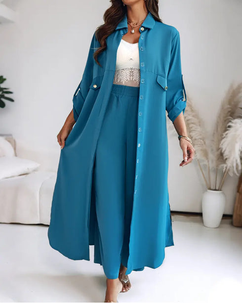 2 Pieces Outfit Turn-down Collar Turn-Up Sleeves Button Front Asymmetrical Hem Longline Blouse and Casual Elastic Waist Wide Leg Pants Set turquoise blue