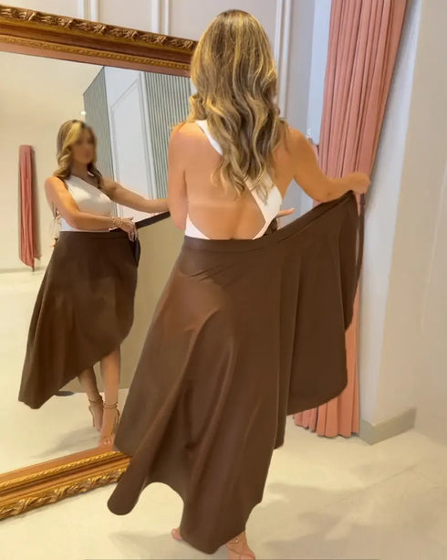 PU Leather Wrap Lace-Up Casual Mid-Length Skirt Work Skirt brown