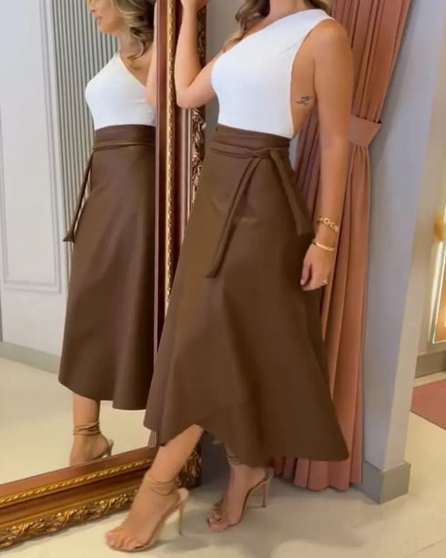 PU Leather Wrap Lace-Up Casual Mid-Length Skirt Work Skirt brown