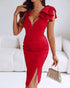 Bowknot Decor Deep V-Neck Sleeveless Slit Party Dress Ruched Zipper Back Slim Fit Midi Dress red