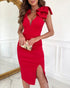 Bowknot Decor Deep V-Neck Sleeveless Slit Party Dress Ruched Zipper Back Slim Fit Midi Dress red