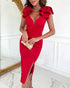 Bowknot Decor Deep V-Neck Sleeveless Slit Party Dress Ruched Zipper Back Slim Fit Midi Dress red