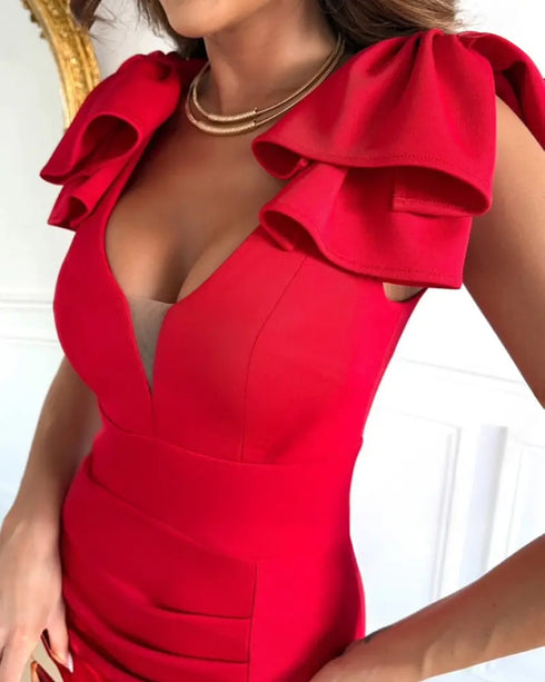 Bowknot Decor Deep V-Neck Sleeveless Slit Party Dress Ruched Zipper Back Slim Fit Midi Dress red