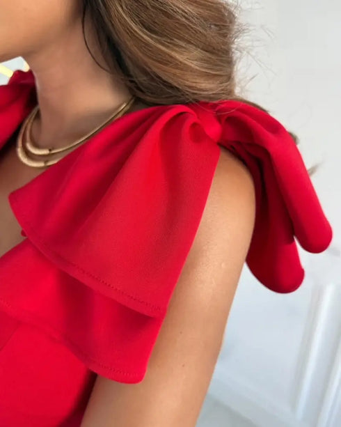 Bowknot Decor Deep V-Neck Sleeveless Slit Party Dress Ruched Zipper Back Slim Fit Midi Dress red