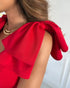 Bowknot Decor Deep V-Neck Sleeveless Slit Party Dress Ruched Zipper Back Slim Fit Midi Dress red