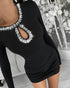 Rhinestone Decor Long Sleeve Hollow Water Drop Bodycon Dress Casual Side Ruched Mini Dress black