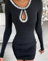 Rhinestone Decor Long Sleeve Hollow Water Drop Bodycon Dress Casual Side Ruched Mini Dress black