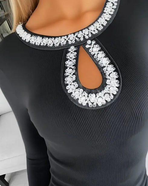 Rhinestone Decor Long Sleeve Hollow Water Drop Bodycon Dress Casual Side Ruched Mini Dress black