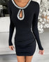 Rhinestone Decor Long Sleeve Hollow Water Drop Bodycon Dress Casual Side Ruched Mini Dress black