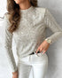 Mock Neck Hollow-out Back Allover Sequin Long Sleeve Top Partywear Blouse Apricot