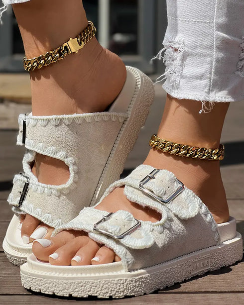 Round Toe Flat Slippers with Denim Trim beige