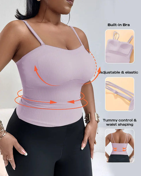 Multi Adjustable Spaghetti Straps Built in Bra Cami Top Sexy Ribbed Slim Fit Workout Camisole Top light purple