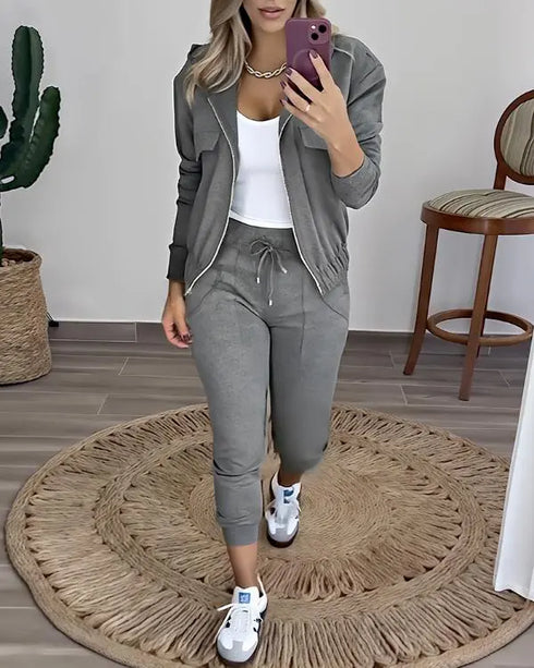 2 Pieces Outfit Long Sleeve Zip Up Flap Pockets Design Stretchy Hem Hoodie Coat and Drawstring Elastic Waist Slim Fit Pants Set gray