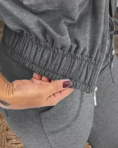 2 Pieces Outfit Long Sleeve Zip Up Flap Pockets Design Stretchy Hem Hoodie Coat and Drawstring Elastic Waist Slim Fit Pants Set gray