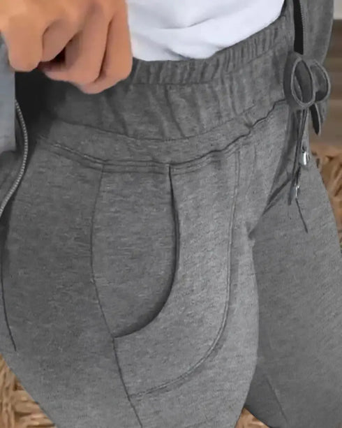 2 Pieces Outfit Long Sleeve Zip Up Flap Pockets Design Stretchy Hem Hoodie Coat and Drawstring Elastic Waist Slim Fit Pants Set gray