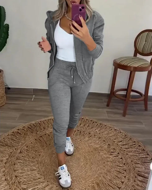 2 Pieces Outfit Long Sleeve Zip Up Flap Pockets Design Stretchy Hem Hoodie Coat and Drawstring Elastic Waist Slim Fit Pants Set gray