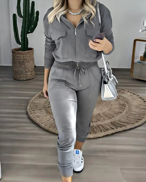 2 Pieces Outfit Long Sleeve Zip Up Flap Pockets Design Stretchy Hem Hoodie Coat and Drawstring Elastic Waist Slim Fit Pants Set gray