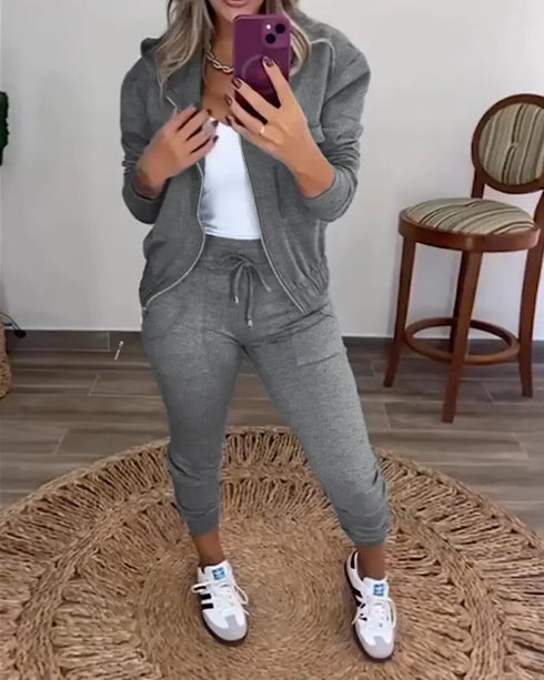 2 Pieces Outfit Long Sleeve Zip Up Flap Pockets Design Stretchy Hem Hoodie Coat and Drawstring Elastic Waist Slim Fit Pants Set gray