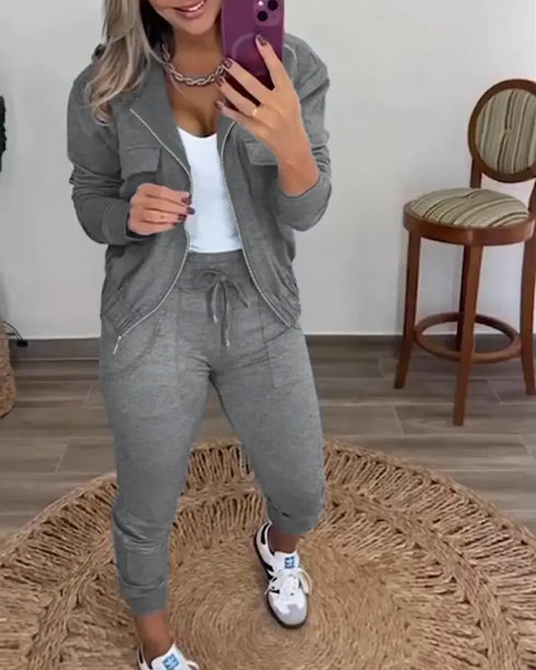 2 Pieces Outfit Long Sleeve Zip Up Flap Pockets Design Stretchy Hem Hoodie Coat and Drawstring Elastic Waist Slim Fit Pants Set gray