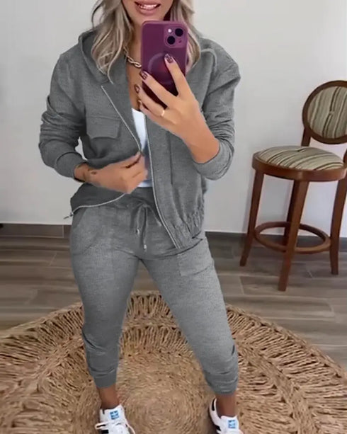 2 Pieces Outfit Long Sleeve Zip Up Flap Pockets Design Stretchy Hem Hoodie Coat and Drawstring Elastic Waist Slim Fit Pants Set gray