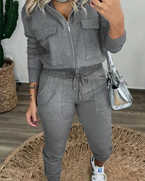 2 Pieces Outfit Long Sleeve Zip Up Flap Pockets Design Stretchy Hem Hoodie Coat and Drawstring Elastic Waist Slim Fit Pants Set gray