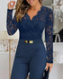 Metal Decor Scallop Trim V-Neck Lace Overlay Jumpsuit Casual Lace Long Sleeve Zipper Back Jumpsuit purplish blue