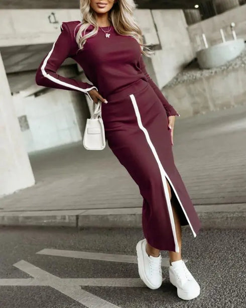 2 Piece O-Neck Pullover Casual Top Slit Front Skirt Set Tracksuit Wine red