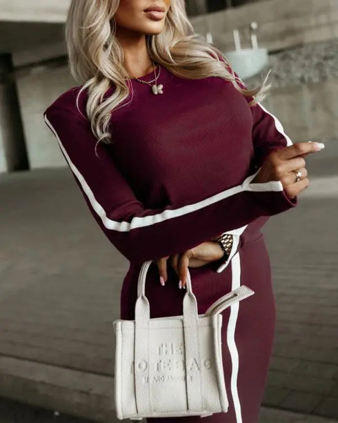 2 Piece O-Neck Pullover Casual Top Slit Front Skirt Set Tracksuit Wine red