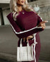 2 Piece O-Neck Pullover Casual Top Slit Front Skirt Set Tracksuit Wine red