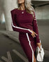 2 Piece O-Neck Pullover Casual Top Slit Front Skirt Set Tracksuit Wine red