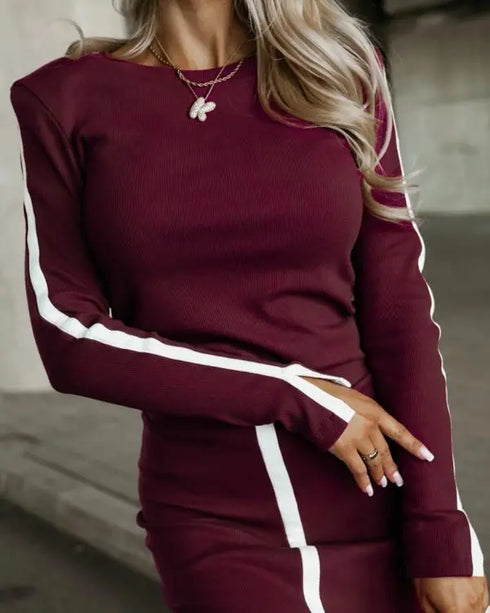 2 Piece O-Neck Pullover Casual Top Slit Front Skirt Set Tracksuit Wine red