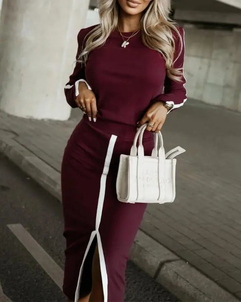 2 Piece O-Neck Pullover Casual Top Slit Front Skirt Set Tracksuit Wine red