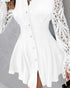 Turn-down Collar Flare Sleeve Button Down Shirt Dress Casual Lace Spliced Ruched Cinched Waist Vacation Dress white