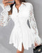 Turn-down Collar Flare Sleeve Button Down Shirt Dress Casual Lace Spliced Ruched Cinched Waist Vacation Dress white