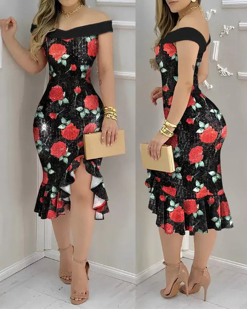 Floral Pattern Contrast Sequin Off Shoulder Bodycon Dress Sleeveless Ruffles Slit Party Dress black