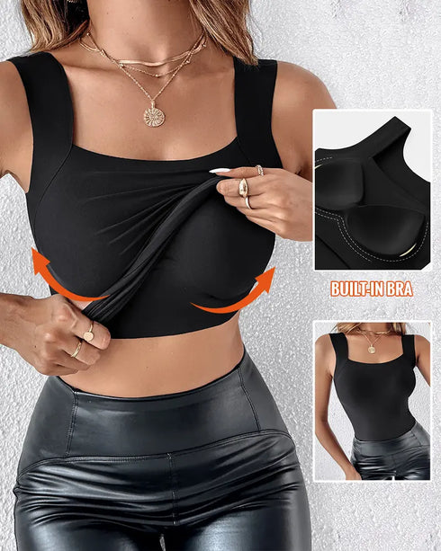 U-Neck Sleeveless Tank Seamless Skinny Layering Top with Built-In Bra black
