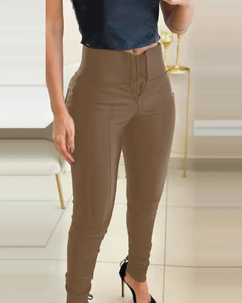 ChicMe CurveEase High Waist Zipper Closure Front with Anti-Pinch Inner Lining Double-layer Tummy Control PU Leather Pants Fleece Lined Tights khaki