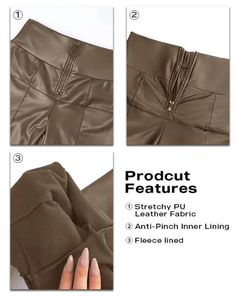 ChicMe CurveEase High Waist Zipper Closure Front with Anti-Pinch Inner Lining Double-layer Tummy Control PU Leather Pants Fleece Lined Tights khaki