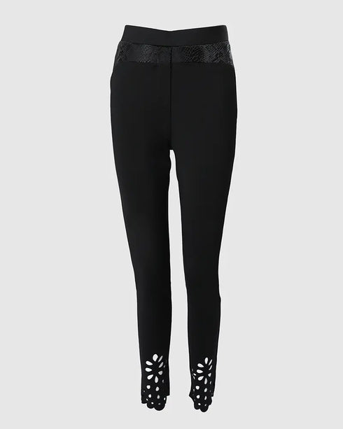 Floral Hollow Out Asymmetrical Hem Elastic Waist Skinny Pants black