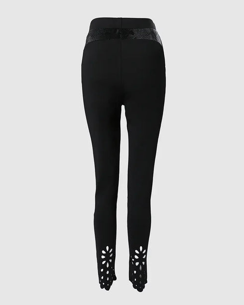 Floral Hollow Out Asymmetrical Hem Elastic Waist Skinny Pants black