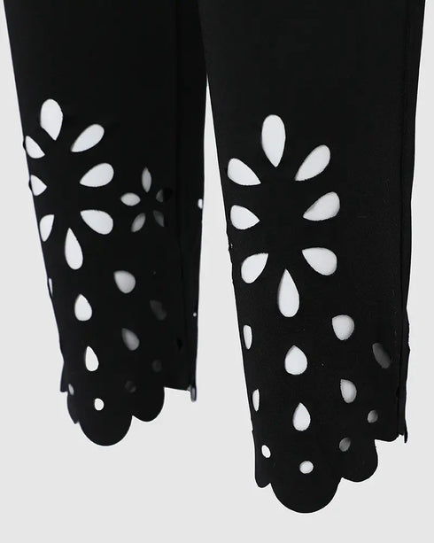 Floral Hollow Out Asymmetrical Hem Elastic Waist Skinny Pants black