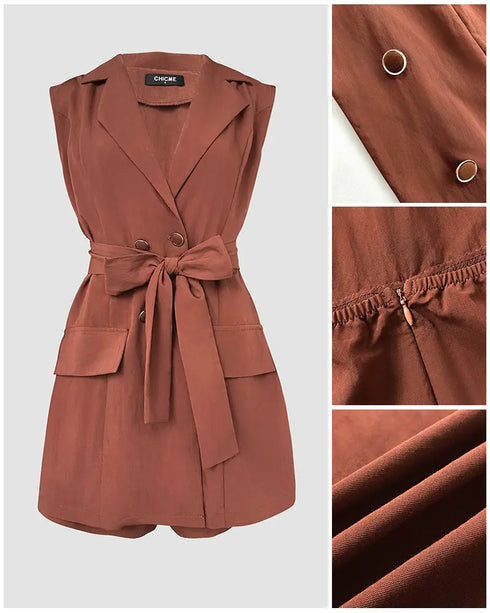 Notched Collar Sleeveless Tied Detail Button Romper brown