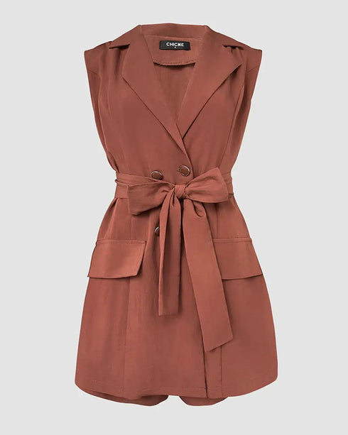 Notched Collar Sleeveless Tied Detail Button Romper brown
