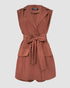 Notched Collar Sleeveless Tied Detail Button Romper brown
