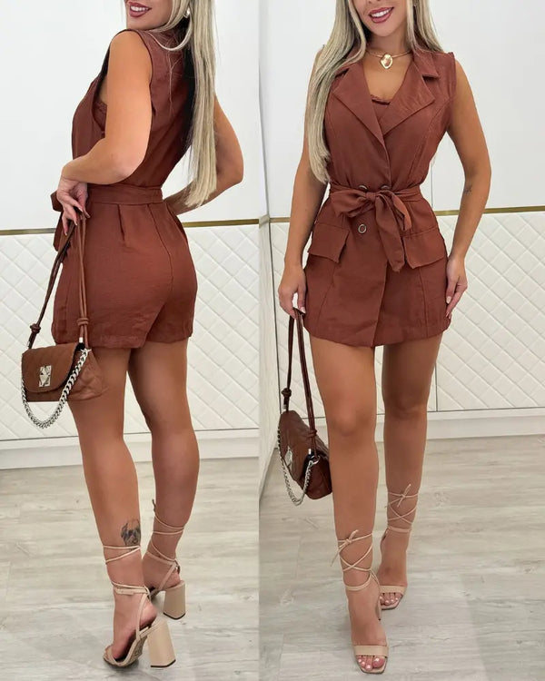 Notched Collar Sleeveless Tied Detail Button Romper brown