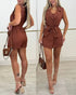 Notched Collar Sleeveless Tied Detail Button Romper brown