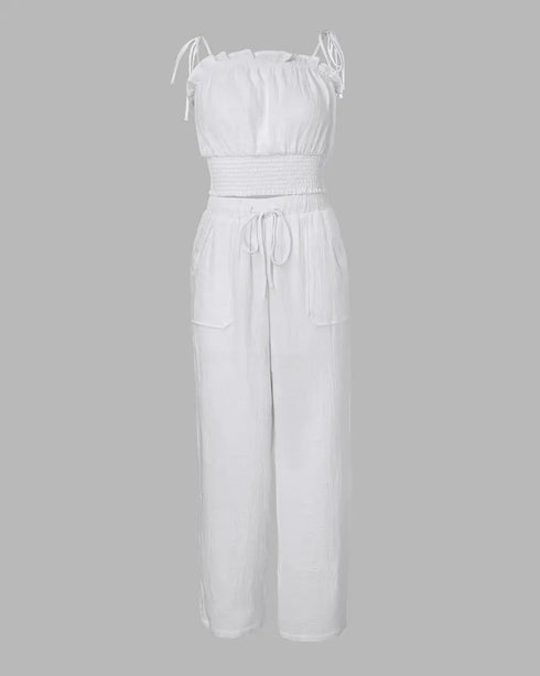 Frill Hem Shirred Cami Top & Drawstring Pants Set white