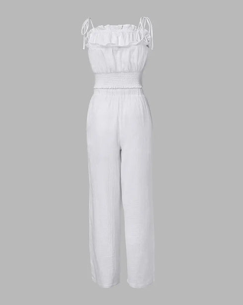 Frill Hem Shirred Cami Top & Drawstring Pants Set white