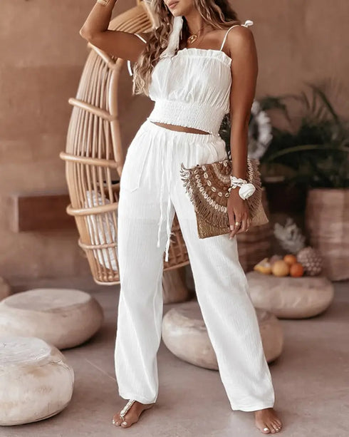 Frill Hem Shirred Cami Top & Drawstring Pants Set white